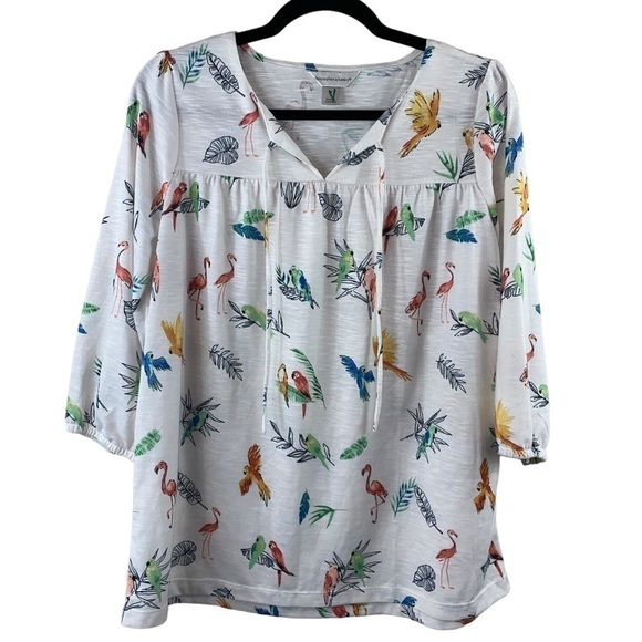 Christopher & Banks Women’s 3/4 Sleeve Bird Parrot Flamingo Shirt Size M 🦩 🦜 - Picture 1 of 7